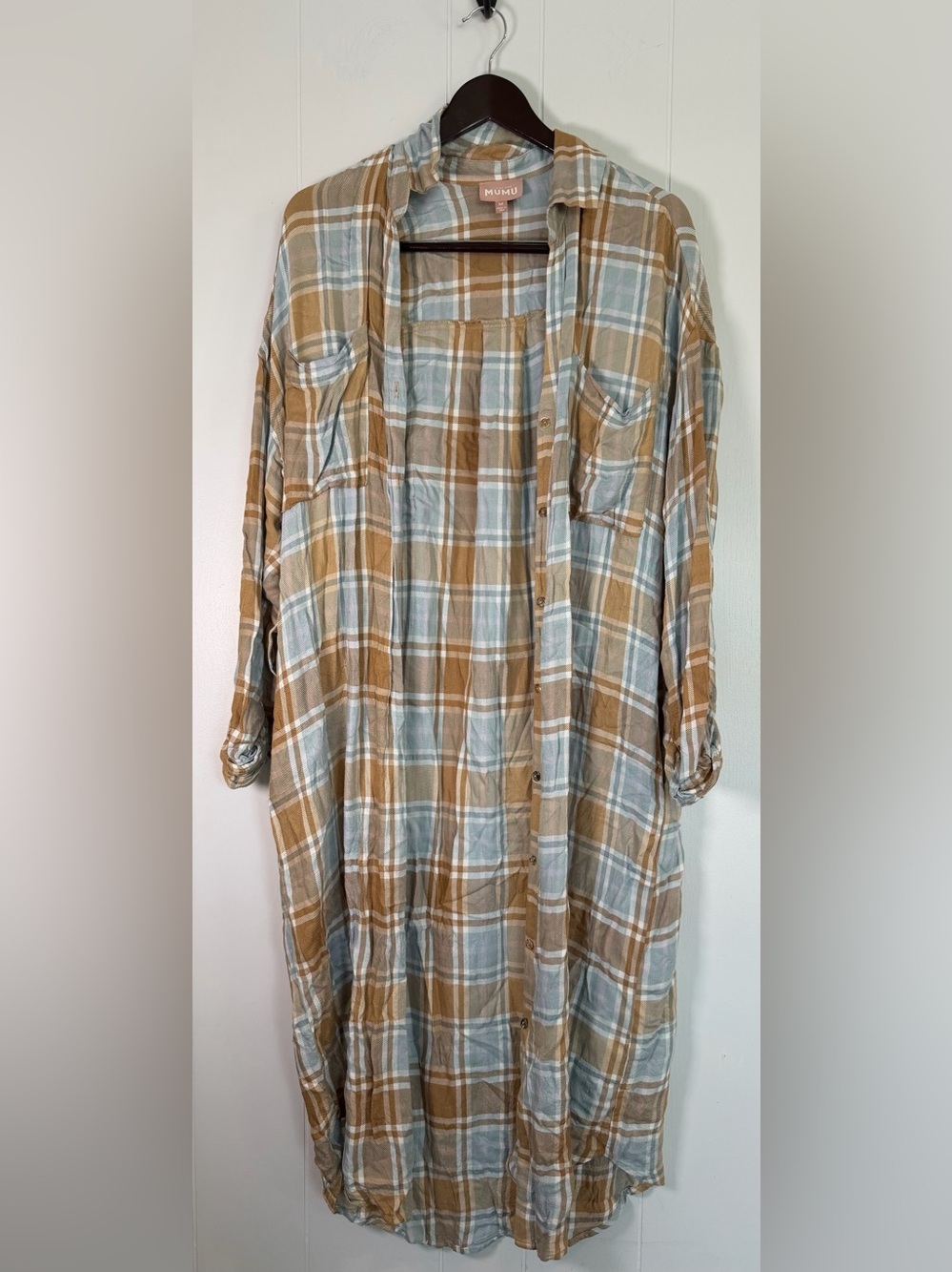 Show Me Your MuMu Plaid Longline Shirt Jacket in Light Blue and Camel/Tan